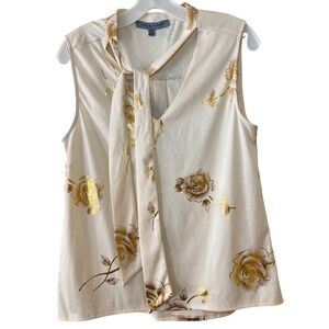 Alex & Parker Gold Floral Tie Neck Sleeveless Blouse Size M Quiet Luxury Flowy
